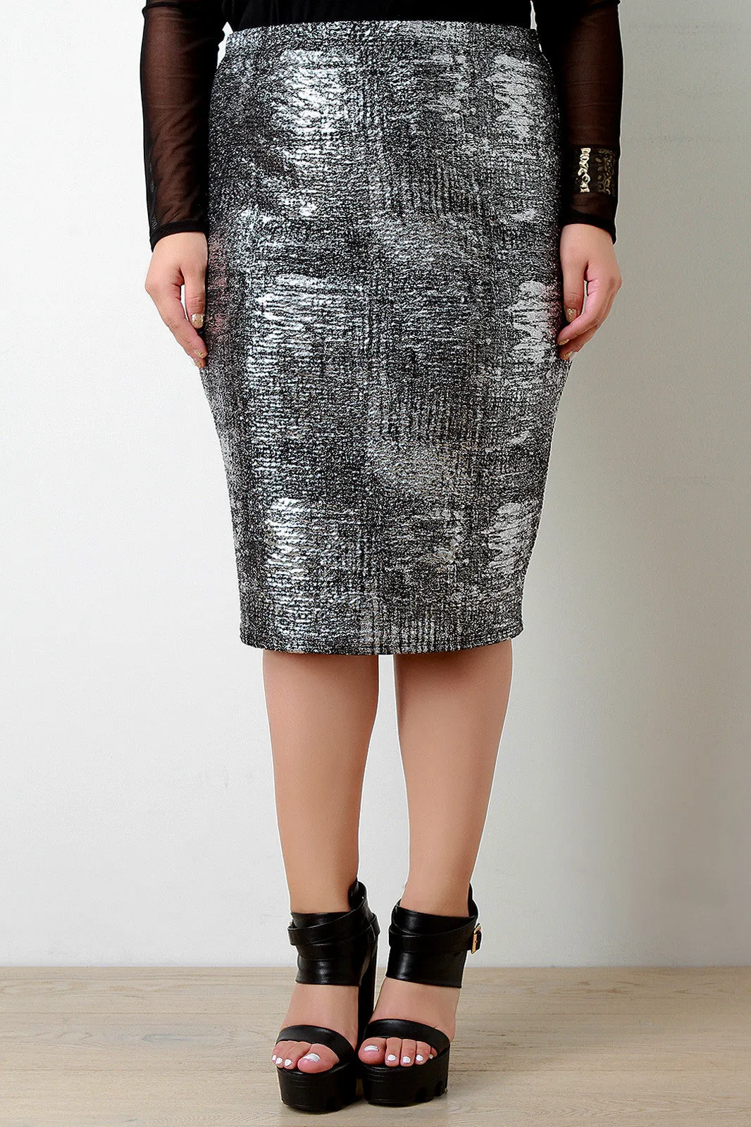 Crinkle Foil High Waist Pencil Skirt