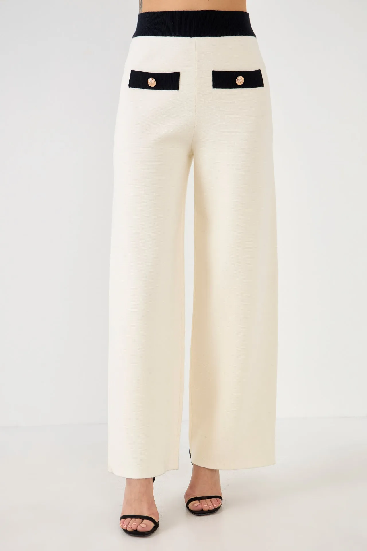 Endless Rose - Contrast Band Knit Pants with Gold Buttons