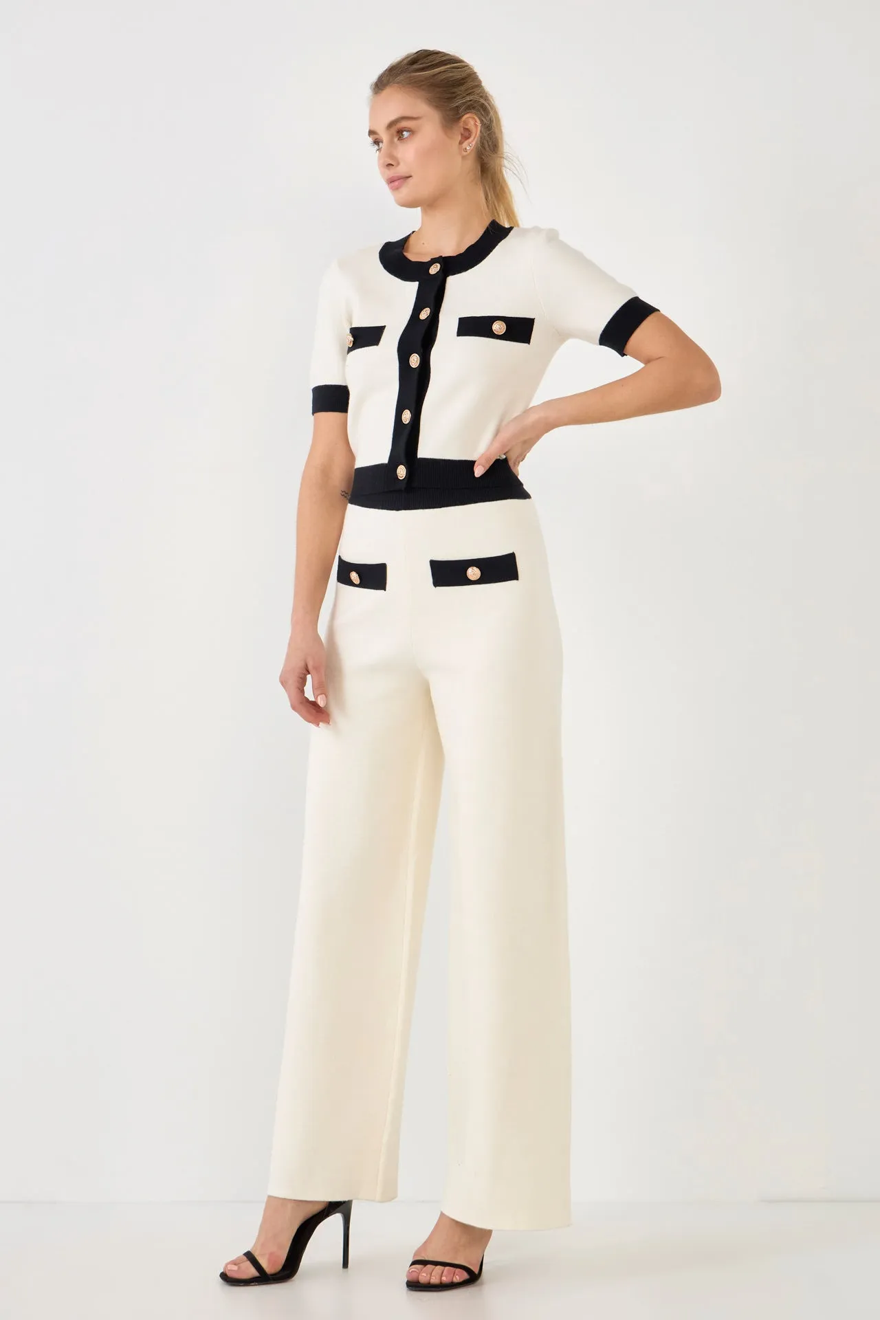 Endless Rose - Contrast Band Knit Pants with Gold Buttons