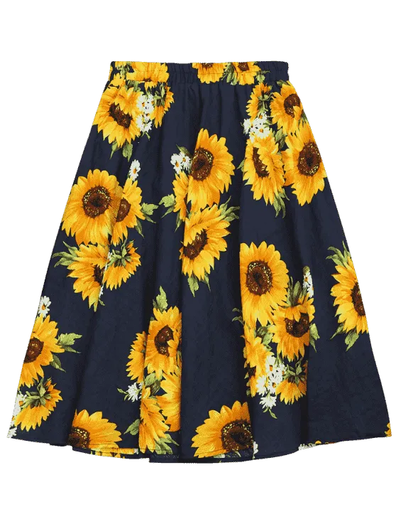 Fashion Sunflower Print High Waist Skirt