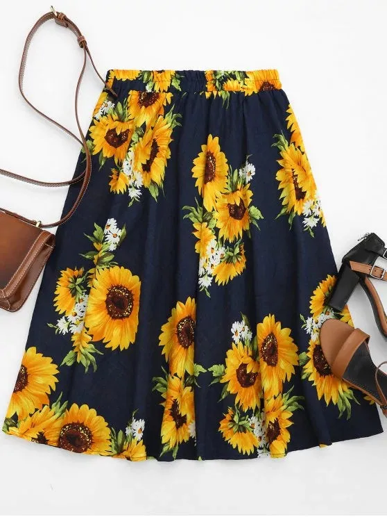 Fashion Sunflower Print High Waist Skirt