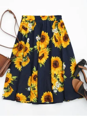 Fashion Sunflower Print High Waist Skirt