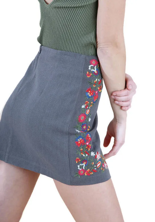 Floral Embroidered High Waist Mini Skirt, Grey