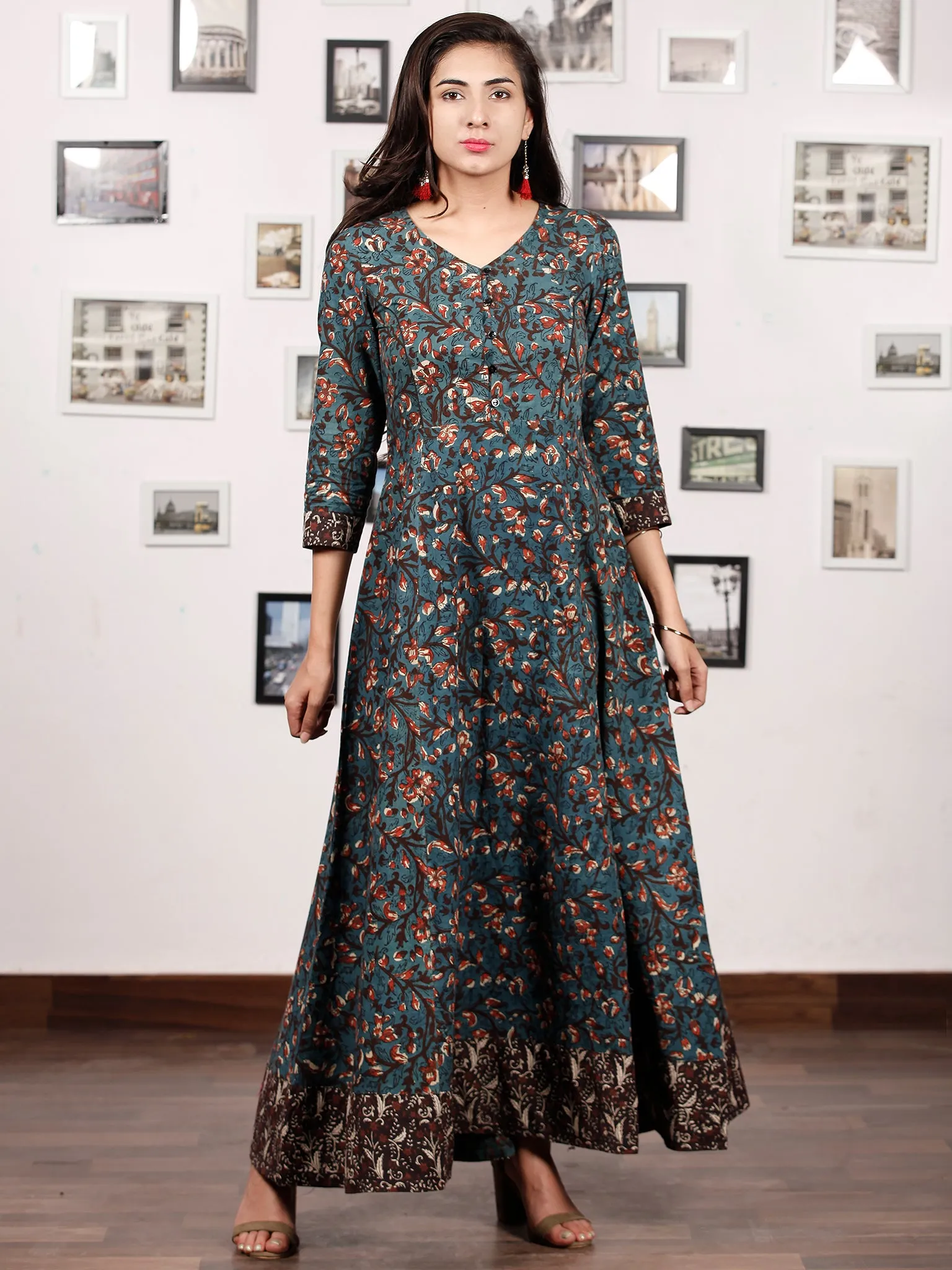 Forest Charm - Hand Block Printed Cotton Long Dress With Back Knots - D162F1332