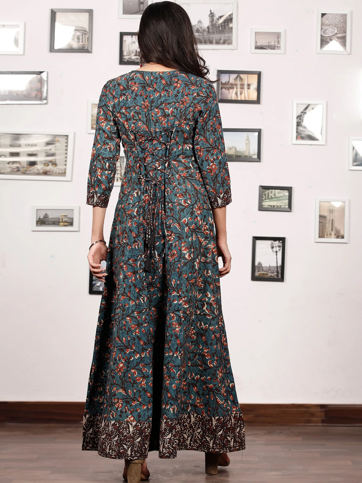 Forest Charm - Hand Block Printed Cotton Long Dress With Back Knots - D162F1332