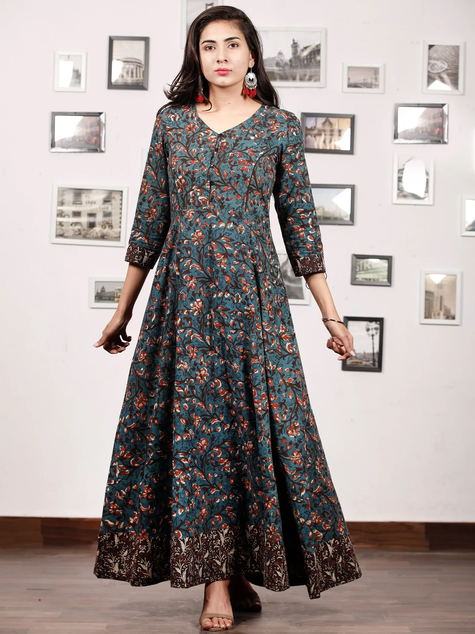 Forest Charm - Hand Block Printed Cotton Long Dress With Back Knots - D162F1332