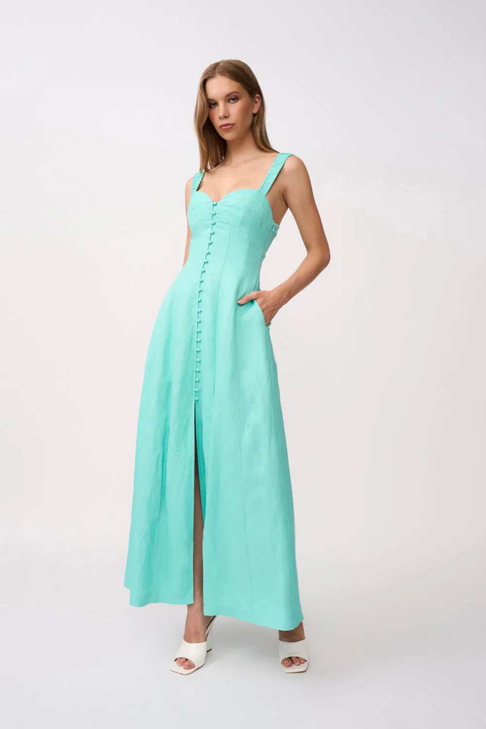 Giovanna Button Down Ankle Length Dress - Aqua