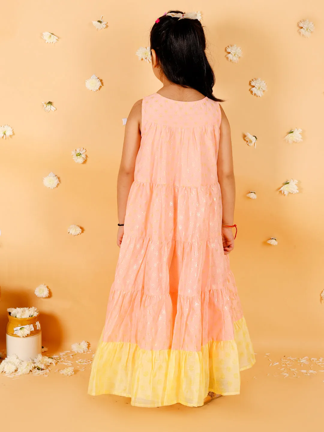 Girl's Stylish Foil Print Tiered Dress With Couching & Lace-Peach - Lil Peacock