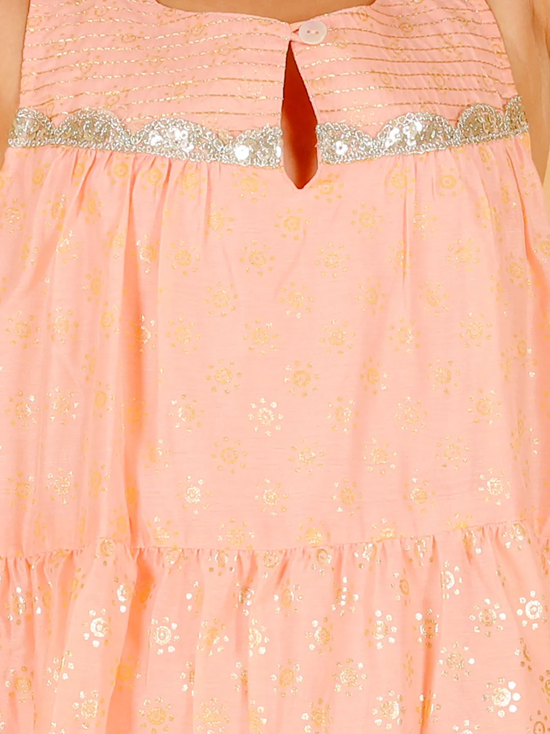 Girl's Stylish Foil Print Tiered Dress With Couching & Lace-Peach - Lil Peacock