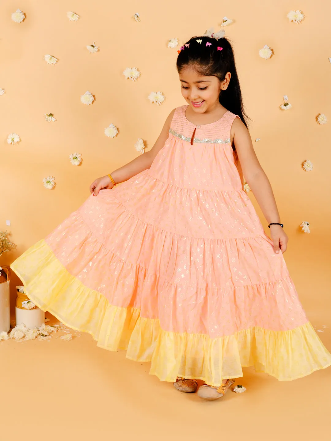 Girl's Stylish Foil Print Tiered Dress With Couching & Lace-Peach - Lil Peacock