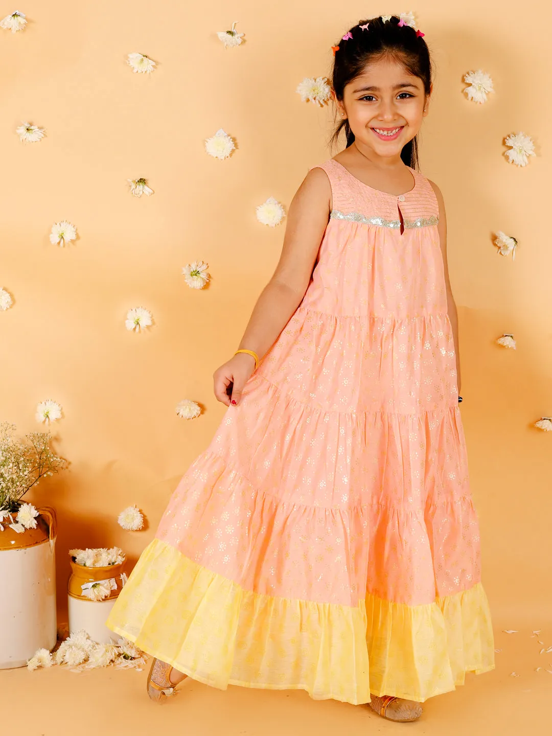 Girl's Stylish Foil Print Tiered Dress With Couching & Lace-Peach - Lil Peacock