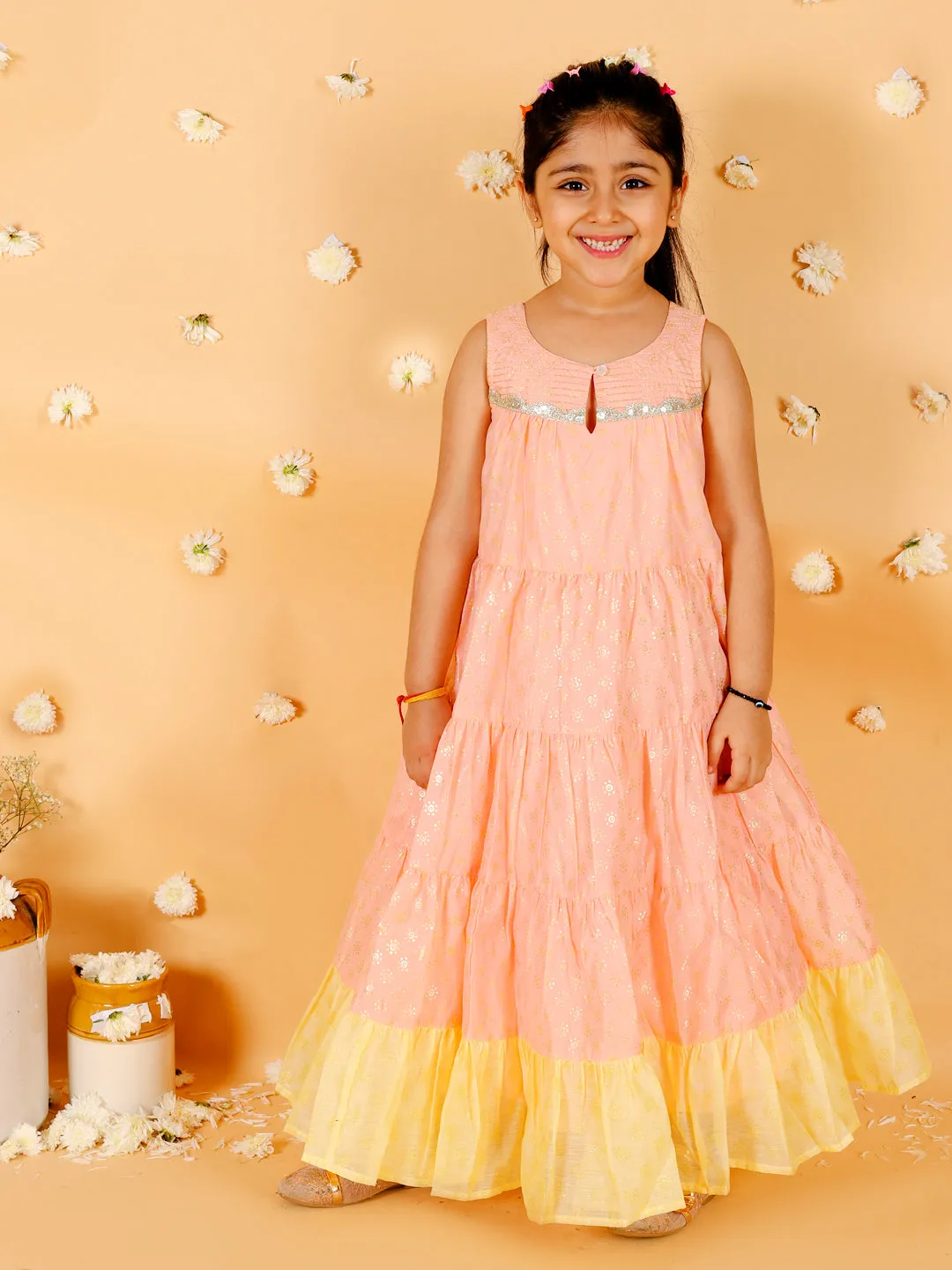 Girl's Stylish Foil Print Tiered Dress With Couching & Lace-Peach - Lil Peacock