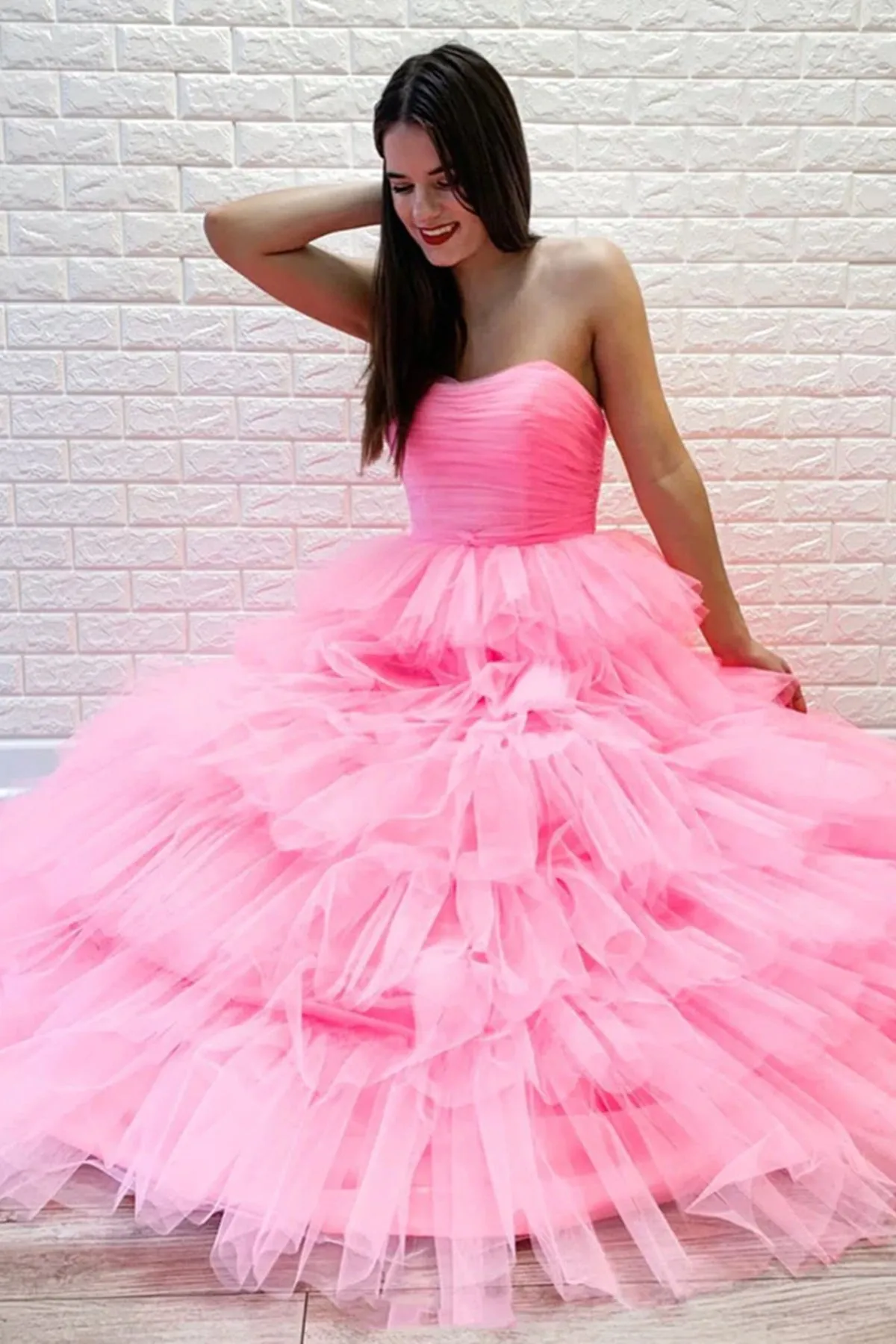 Gorgeous Strapless Layered Pink Tulle Long Prom Dresses, Pink Tulle Formal Evening Dresses