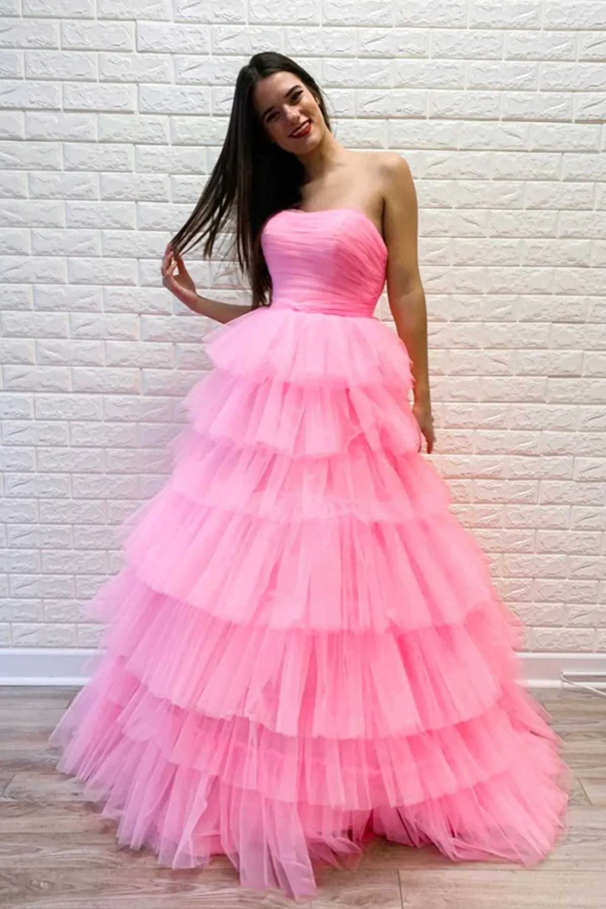 Gorgeous Strapless Layered Pink Tulle Long Prom Dresses, Pink Tulle Formal Evening Dresses