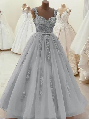 Gorgeous Sweetheart Neck Beaded Gray Lace Prom, Gray Lace Formal, Gray Evening