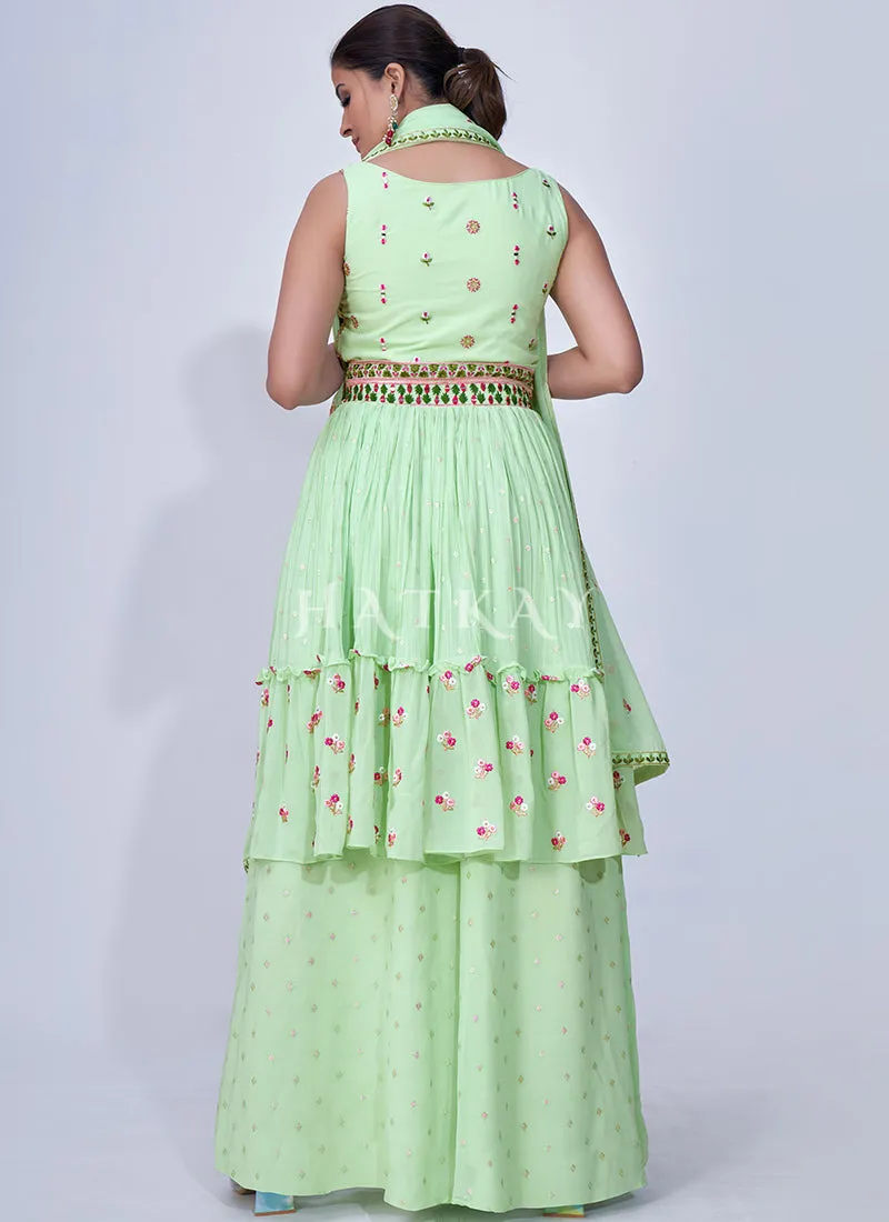 Green Mirror Work Multi Embroidery Chiffon Palazzo Suit