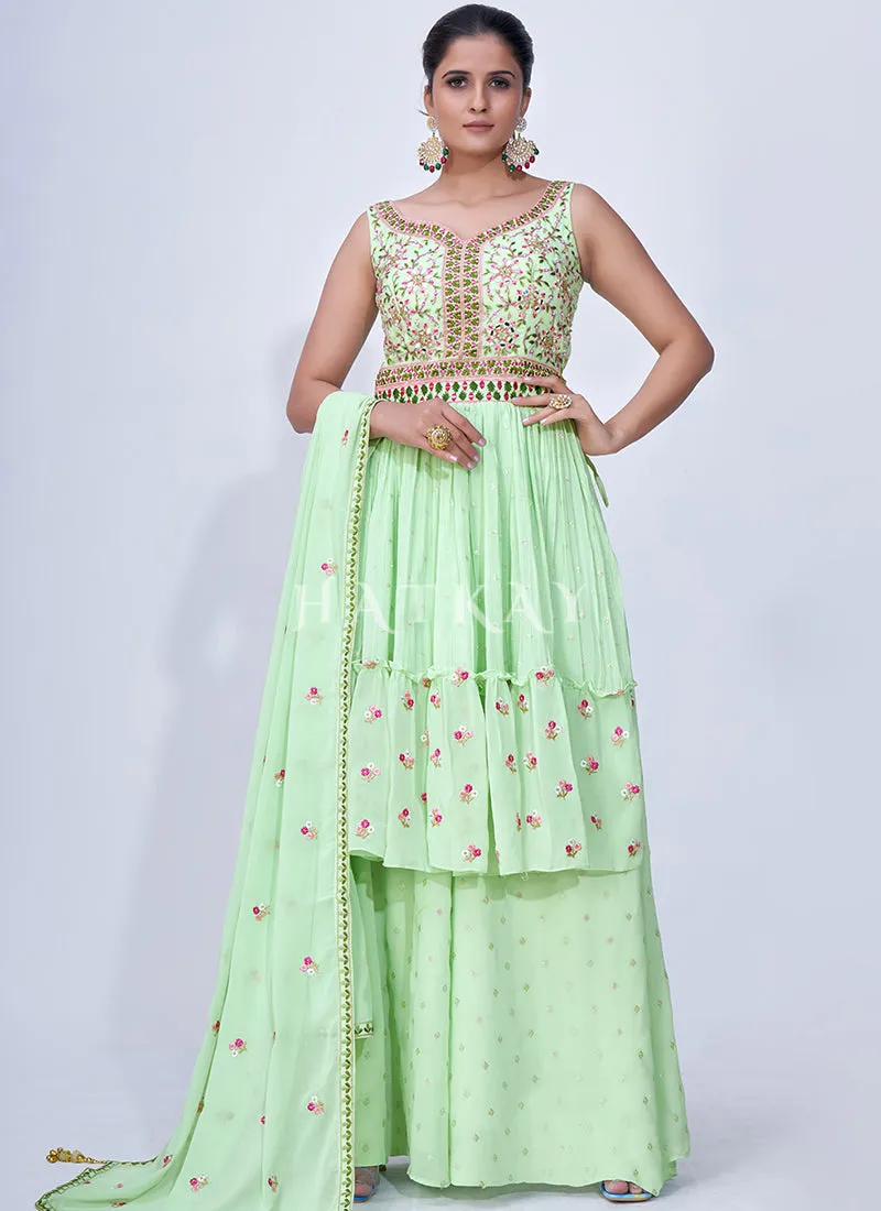 Green Mirror Work Multi Embroidery Chiffon Palazzo Suit