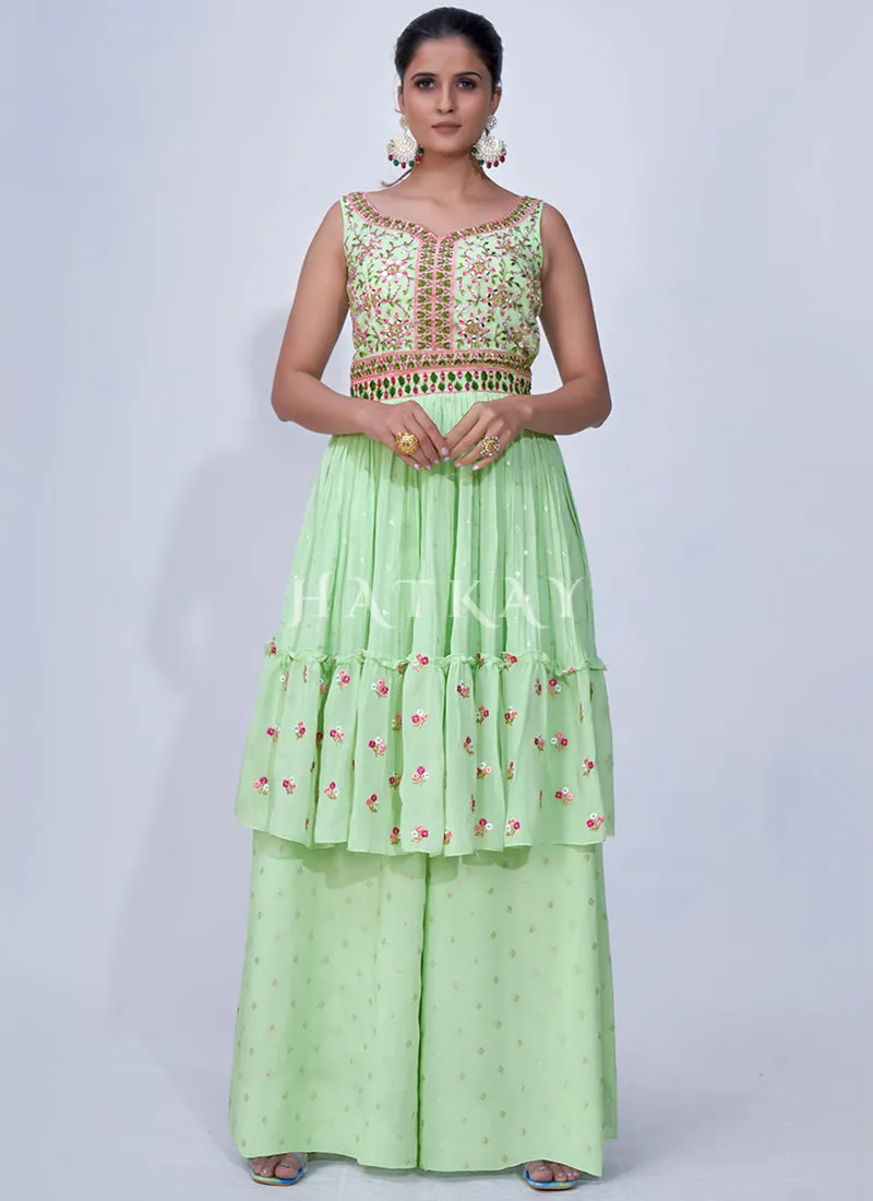 Green Mirror Work Multi Embroidery Chiffon Palazzo Suit