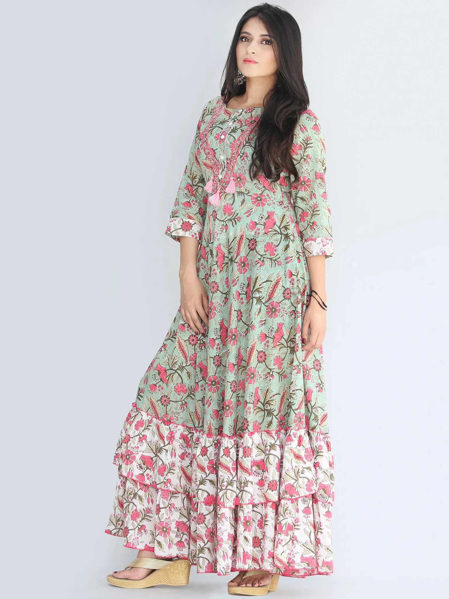 Gulzar Fariba - Hand Block Printed Long Cotton Dress With Ruffles - D412F2187