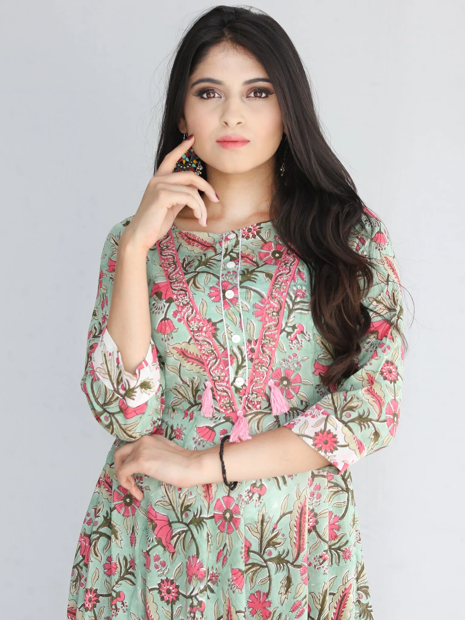 Gulzar Fariba - Hand Block Printed Long Cotton Dress With Ruffles - D412F2187