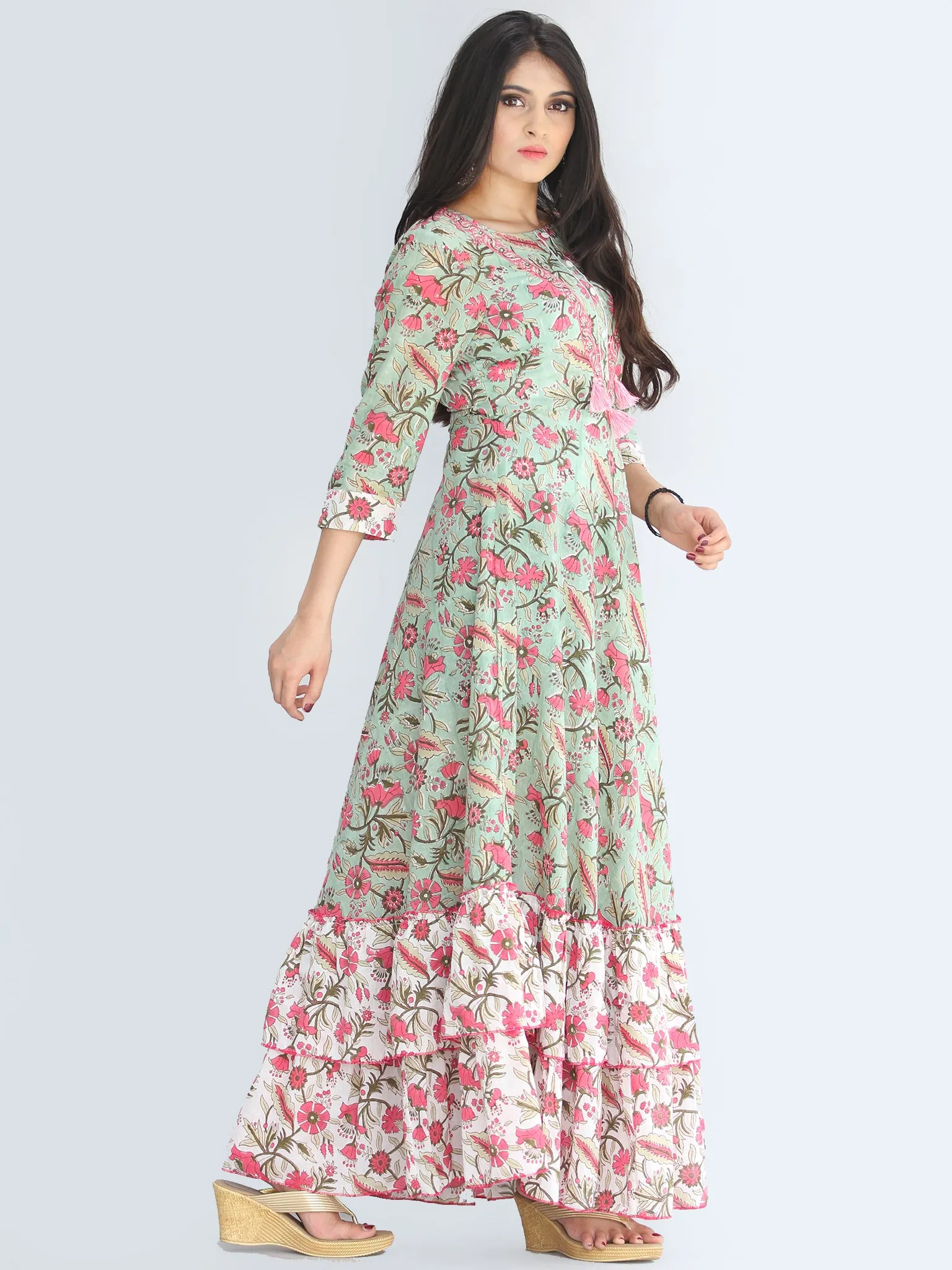 Gulzar Fariba - Hand Block Printed Long Cotton Dress With Ruffles - D412F2187