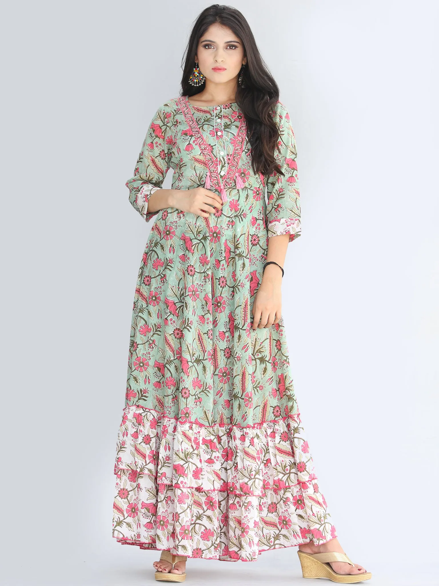 Gulzar Fariba - Hand Block Printed Long Cotton Dress With Ruffles - D412F2187