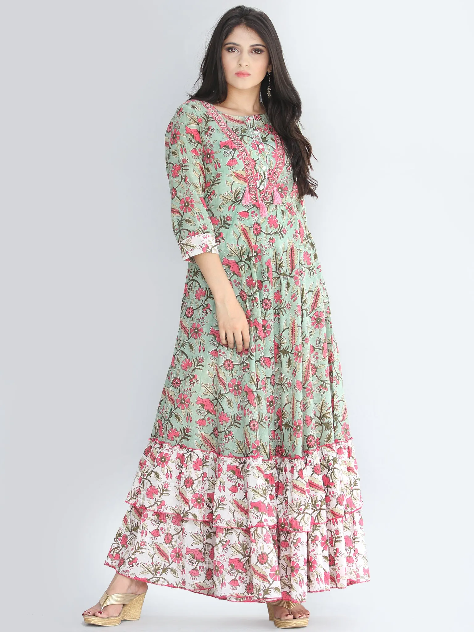 Gulzar Fariba - Hand Block Printed Long Cotton Dress With Ruffles - D412F2187