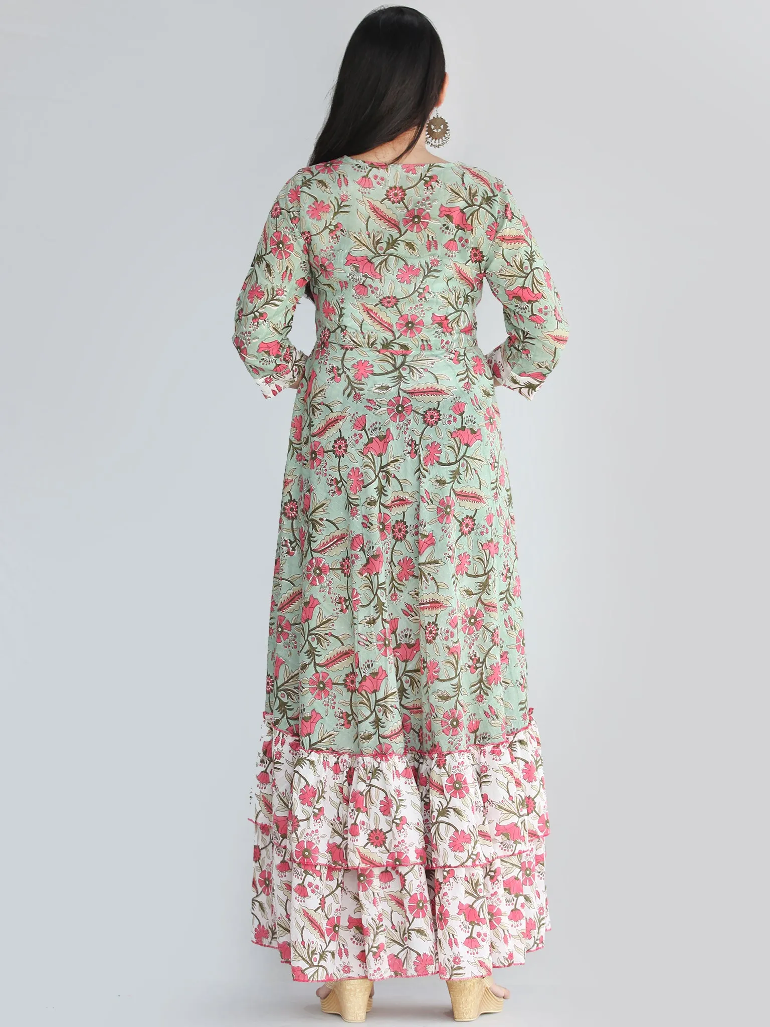 Gulzar Fariba - Hand Block Printed Long Cotton Dress With Ruffles - D412F2187