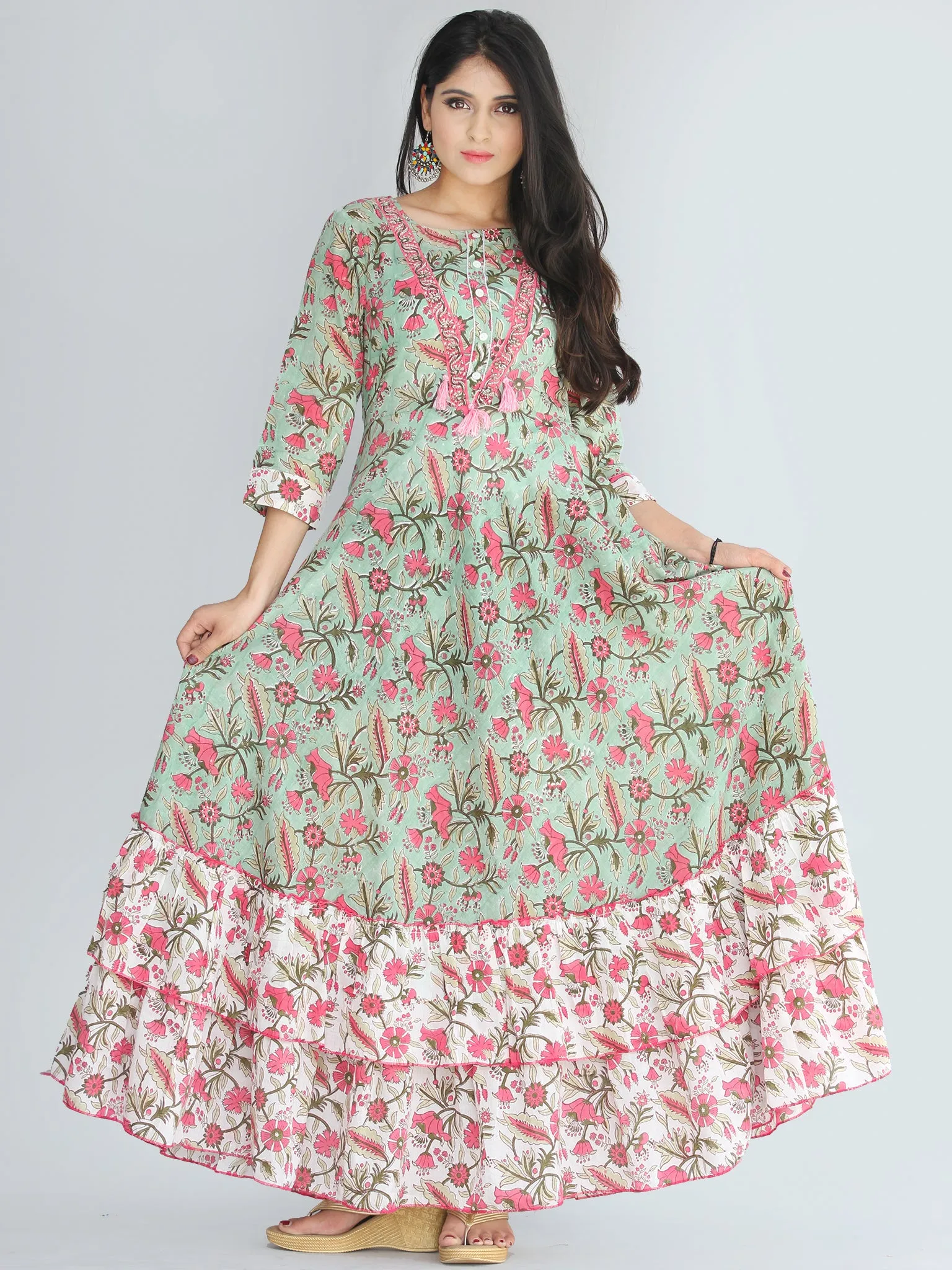 Gulzar Fariba - Hand Block Printed Long Cotton Dress With Ruffles - D412F2187