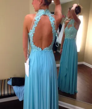 High Neck Open Back Lace Beaded Blue Prom Dresses, Beaded Blue Evening Dresses