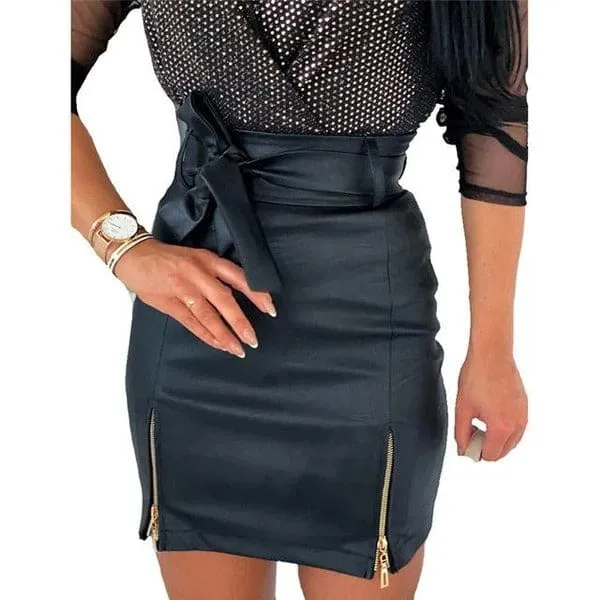 High Waist Front Split Zipped Hem Belted PU Leather Skirt