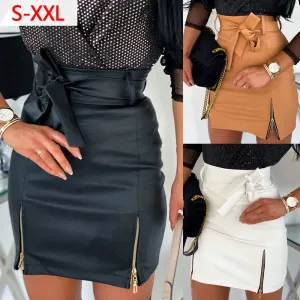 High Waist Front Split Zipped Hem Belted PU Leather Skirt