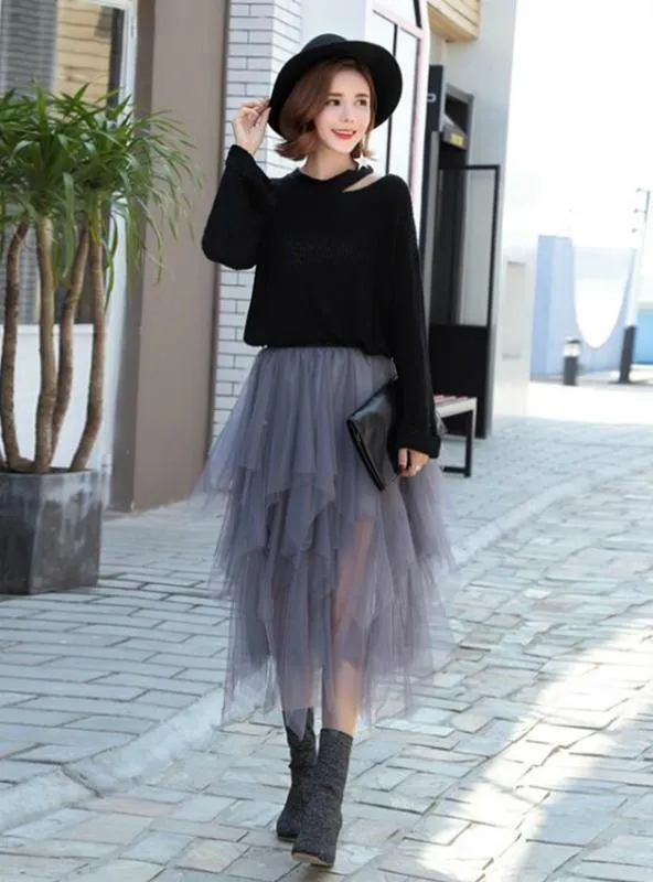 High Waist Mesh Tutu Skirt Pleated Long Skirts Midi Skirt