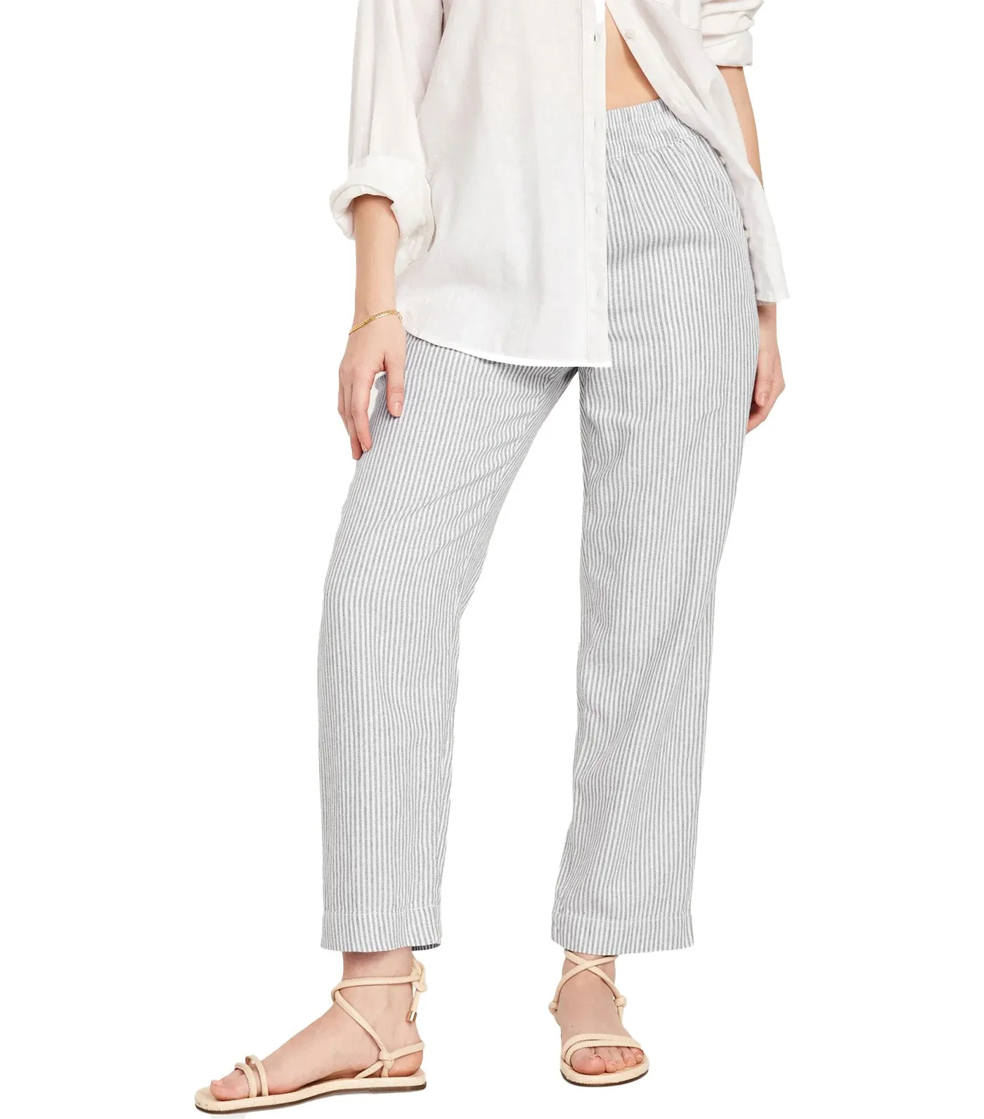 High-Waisted Linen-Blend Straight Pants for Women Grey Stripe