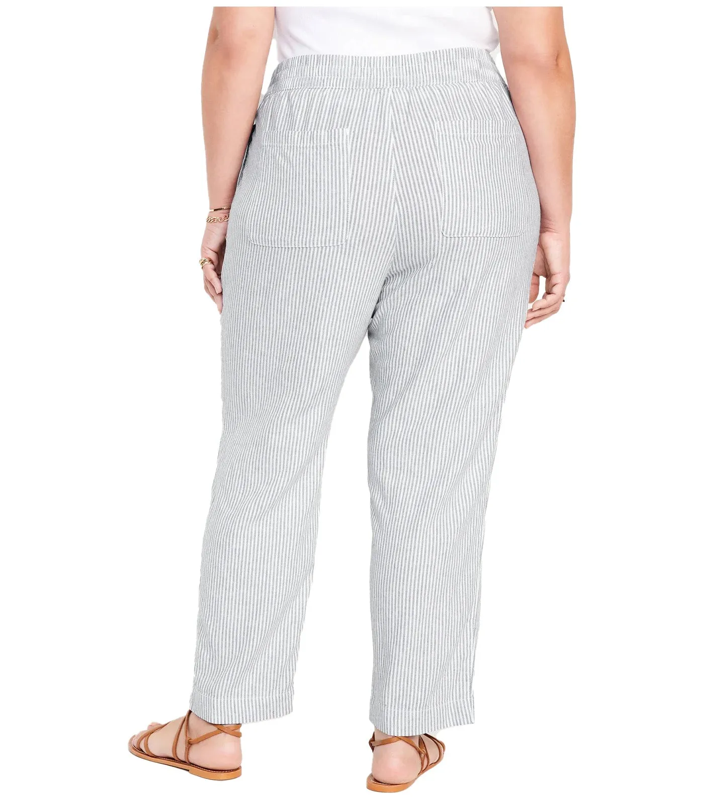 High-Waisted Linen-Blend Straight Pants for Women Grey Stripe