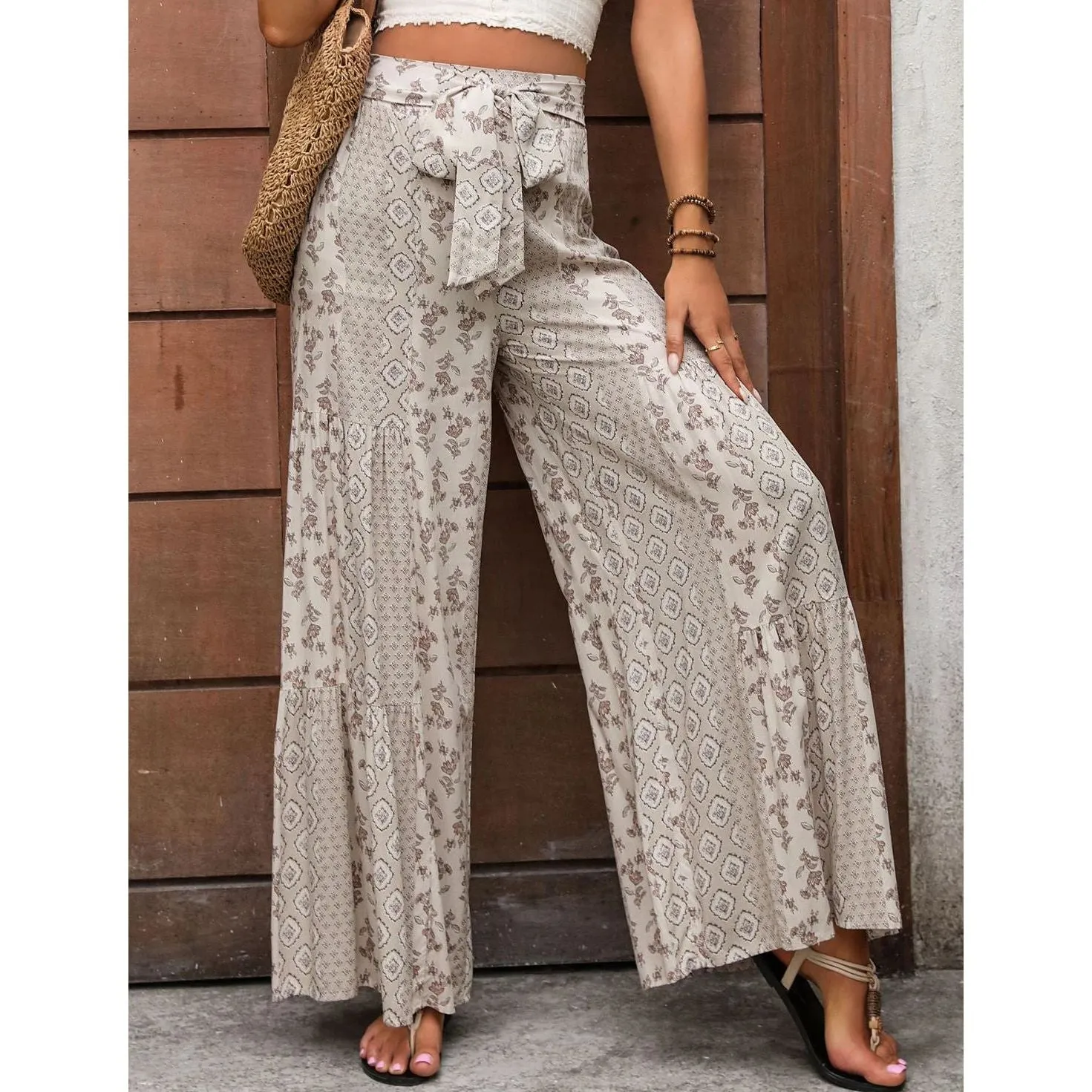 High Waisted Multi Print Wide Leg Pants