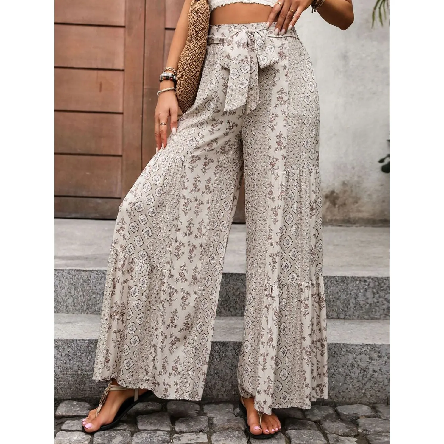 High Waisted Multi Print Wide Leg Pants