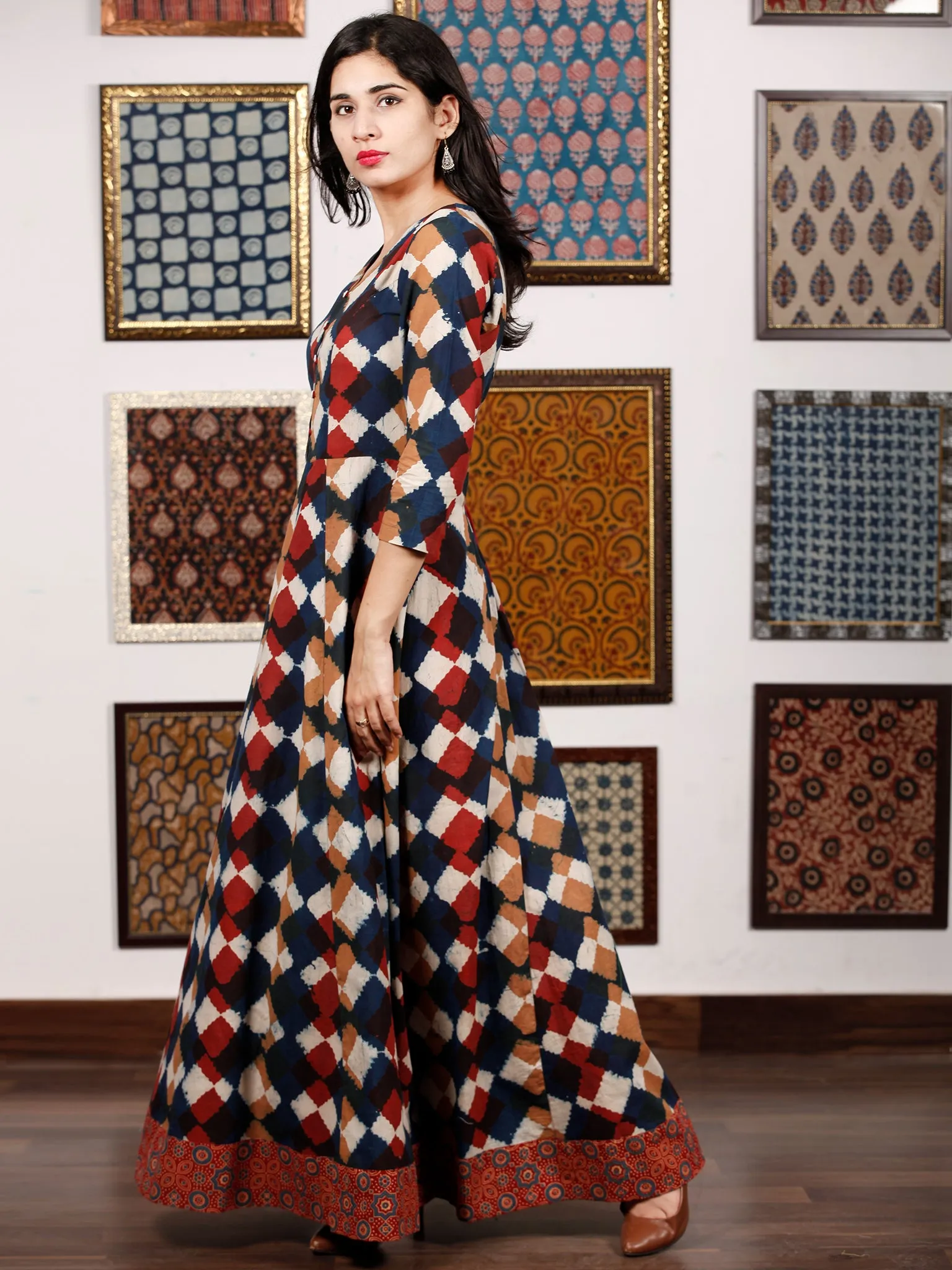 Indigo White Maroon Hand Block Printed Long Dress With Back Knots - D162F1321