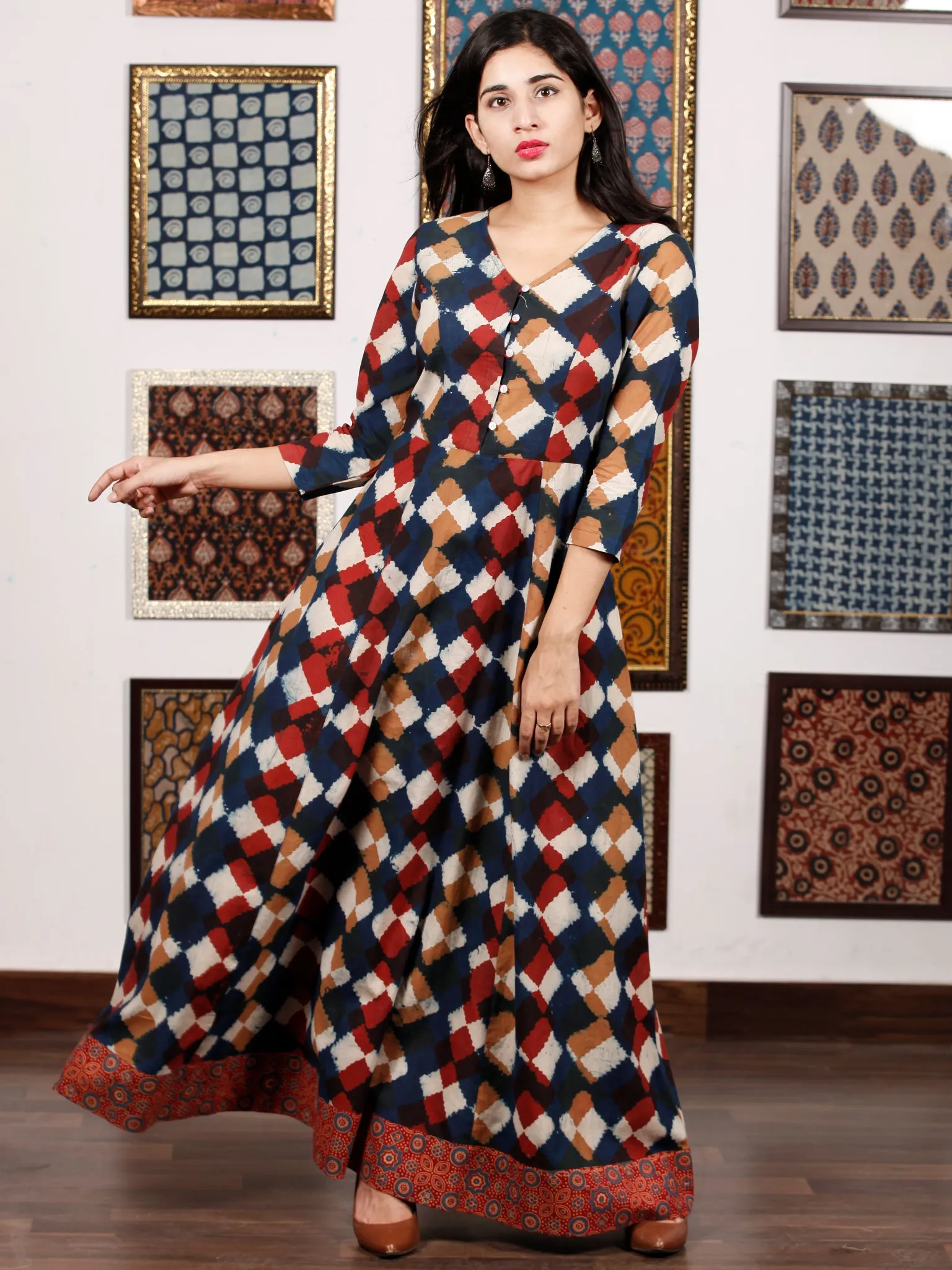 Indigo White Maroon Hand Block Printed Long Dress With Back Knots - D162F1321