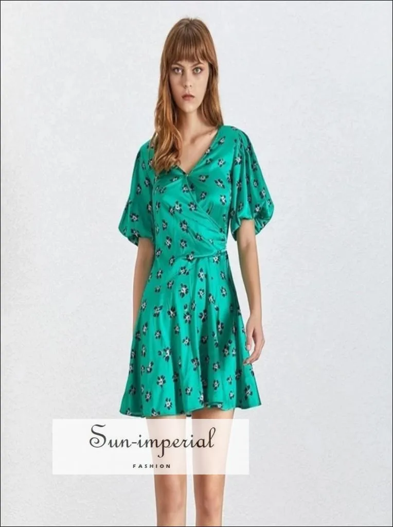 Ivanna Dress in Poison - Summer Print Mini Dress for Women V Neck Short Sleeve High Waist Slim Dress