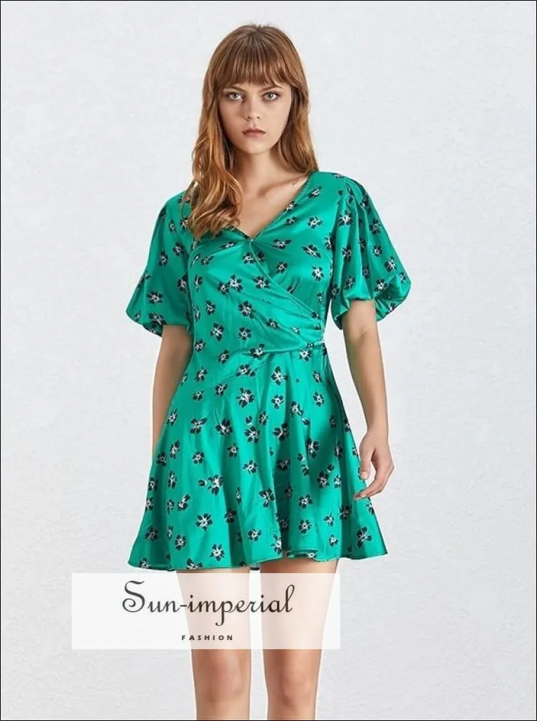 Ivanna Dress in Poison - Summer Print Mini Dress for Women V Neck Short Sleeve High Waist Slim Dress