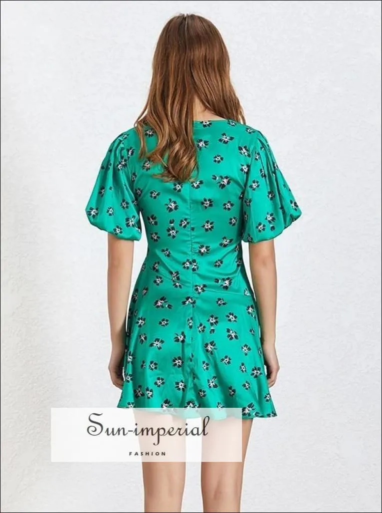 Ivanna Dress in Poison - Summer Print Mini Dress for Women V Neck Short Sleeve High Waist Slim Dress