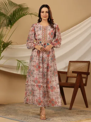 Jashvi Multi-Colour Ethnic Motif Printed Chiffon Maxi Dress With Mirror Work