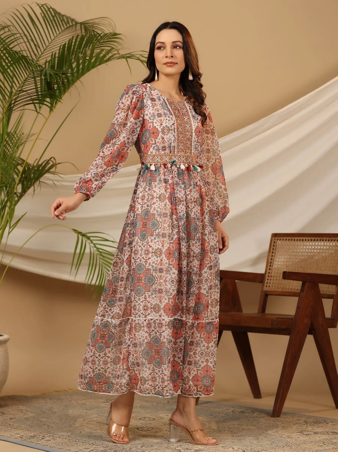 Jashvi Multi-Colour Ethnic Motif Printed Chiffon Maxi Dress With Mirror Work