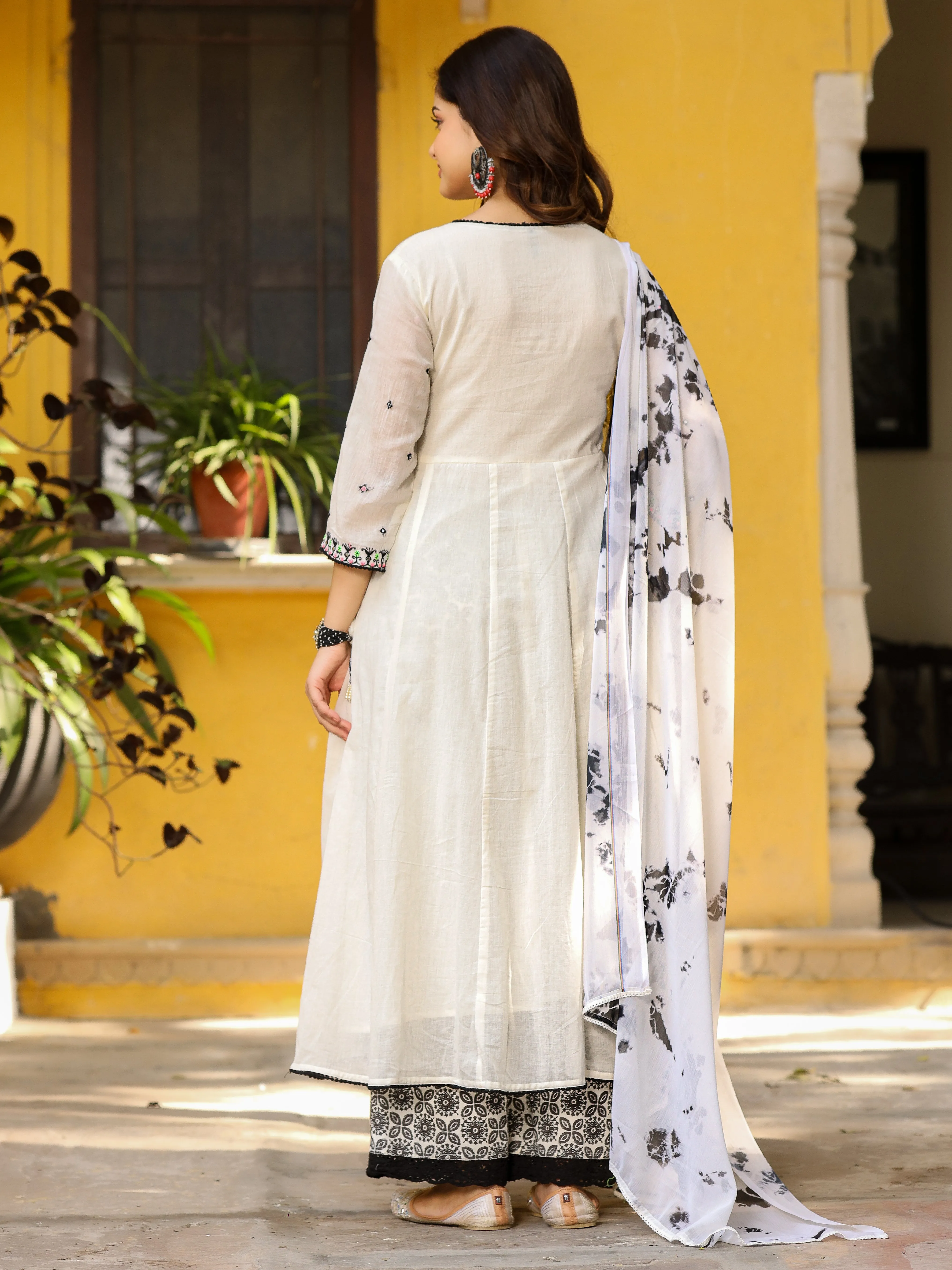 Jashvi Off-White & Black Pure Cotton Angrakha Kurta Palazzo & Dupatta With Thread & Mirror Work