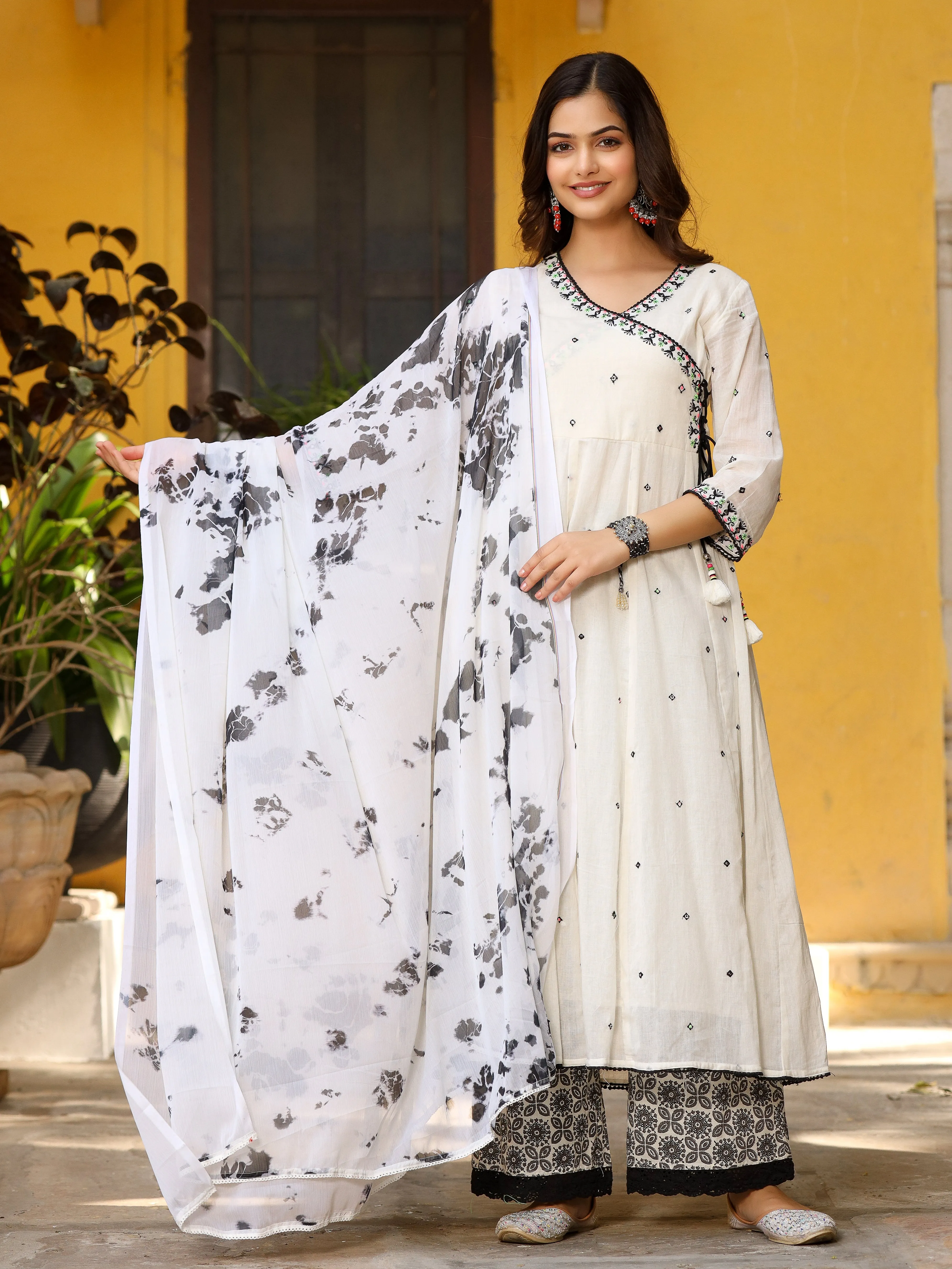 Jashvi Off-White & Black Pure Cotton Angrakha Kurta Palazzo & Dupatta With Thread & Mirror Work