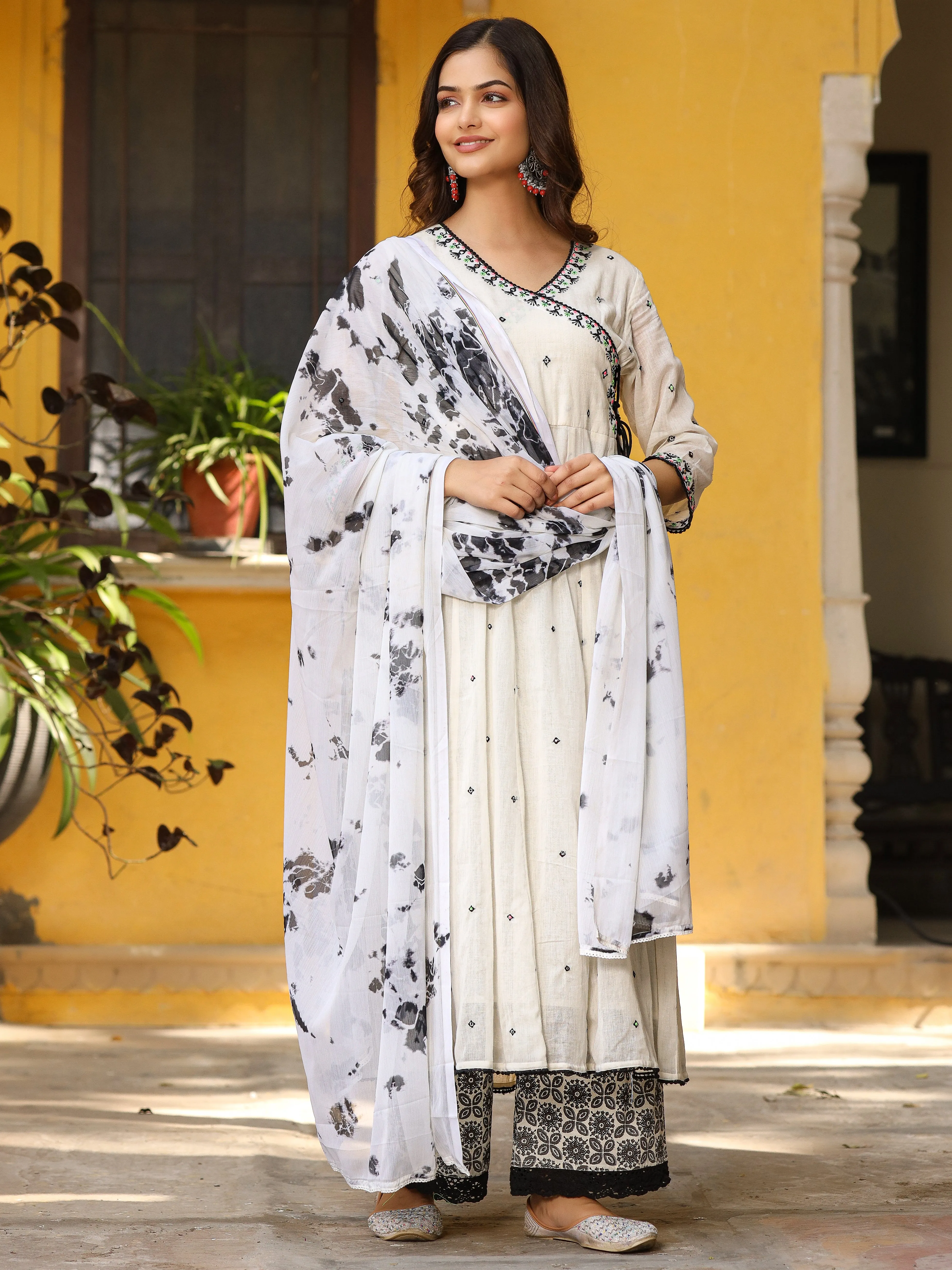 Jashvi Off-White & Black Pure Cotton Angrakha Kurta Palazzo & Dupatta With Thread & Mirror Work