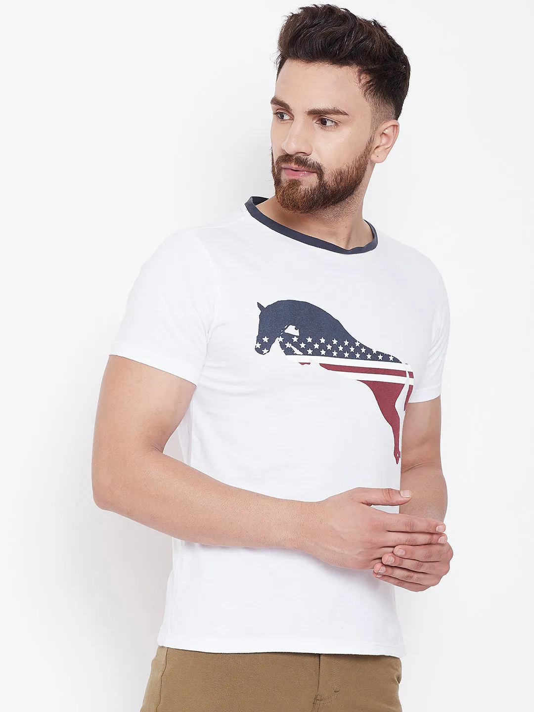 JUMP USA Men Casual Printed Blue Round Neck T-shirt