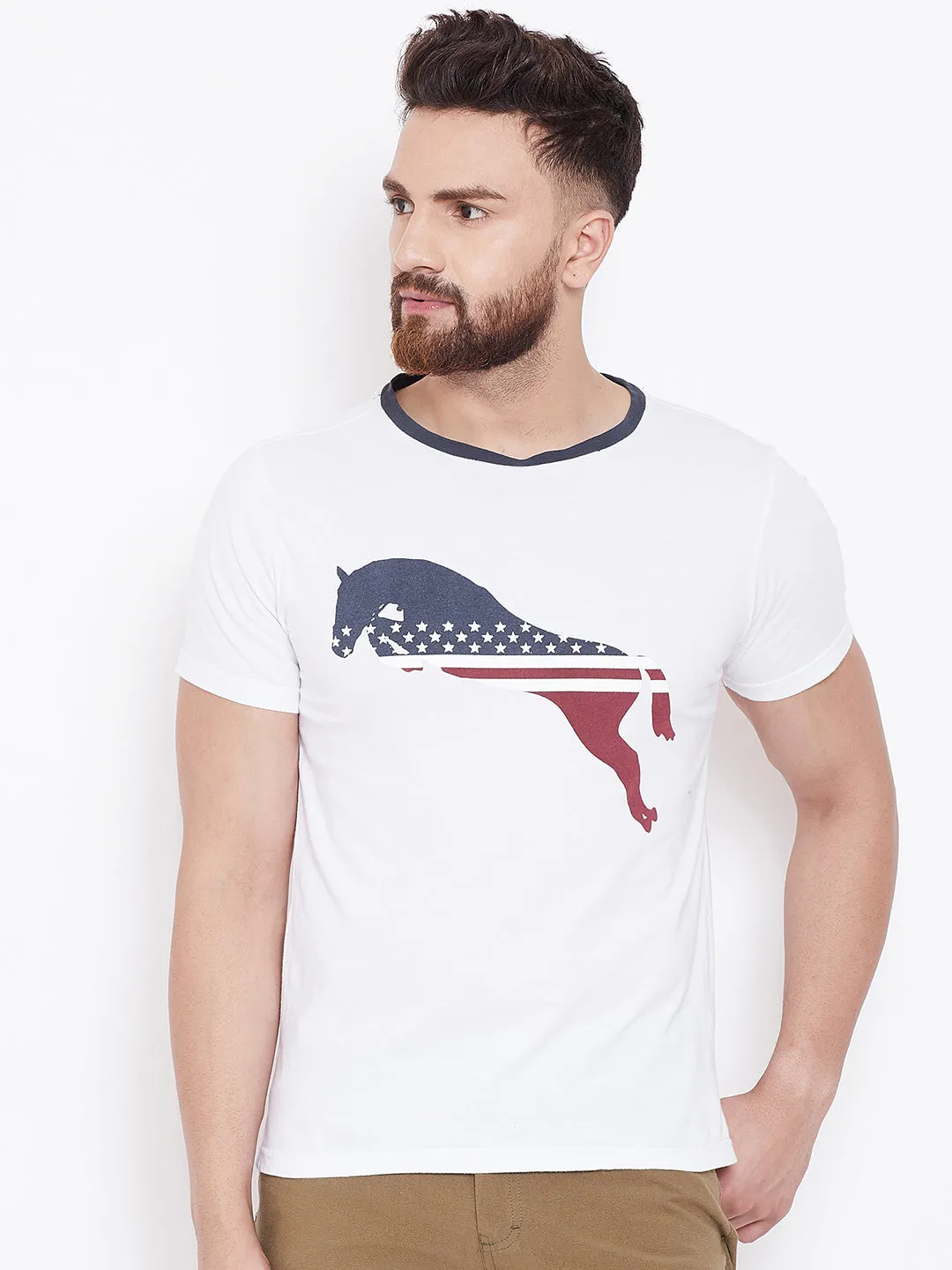 JUMP USA Men Casual Printed Blue Round Neck T-shirt