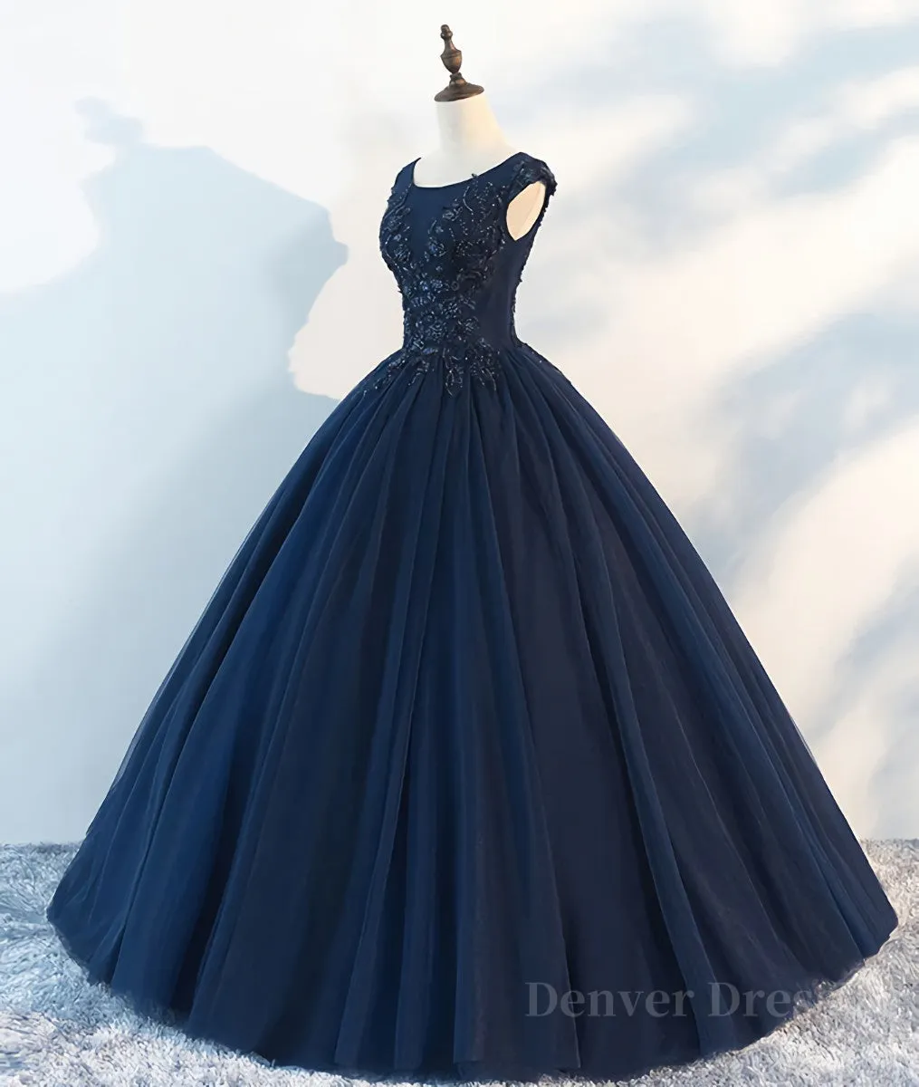 kamahe Dark blue round neck tulle lace long prom dress, blue tulle lace evening dress